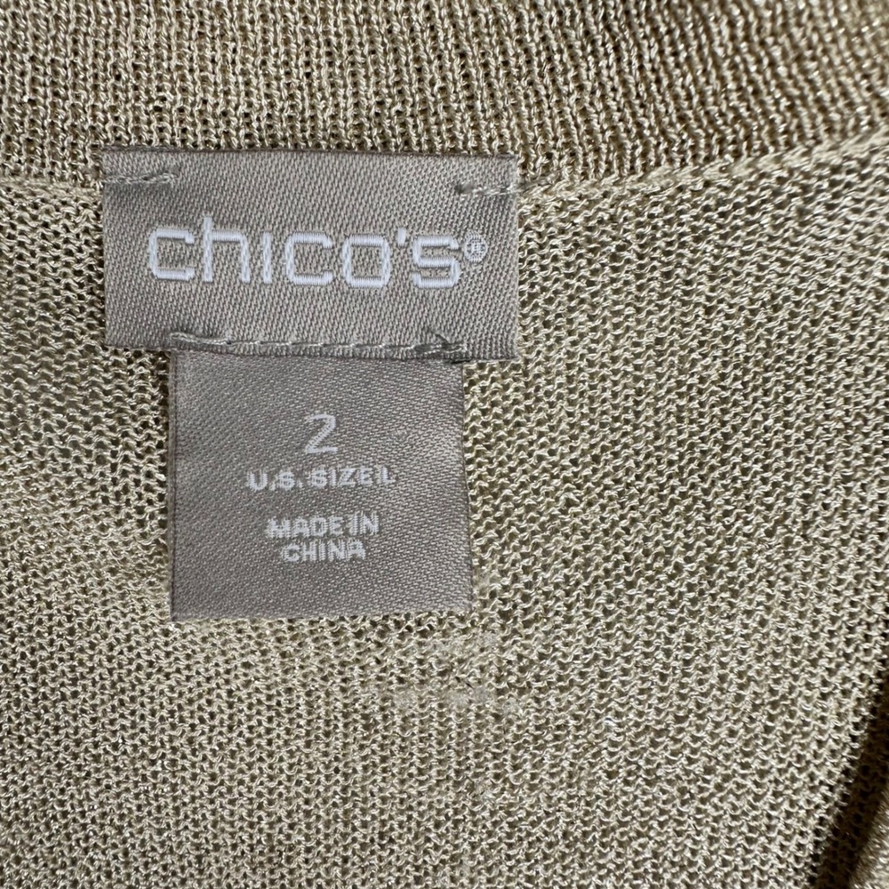 Chico's Gold Metallic Knit Cardigan V-Neck Button Front 3/4 Sleeve Size 2 Large - Picture 2 of 14